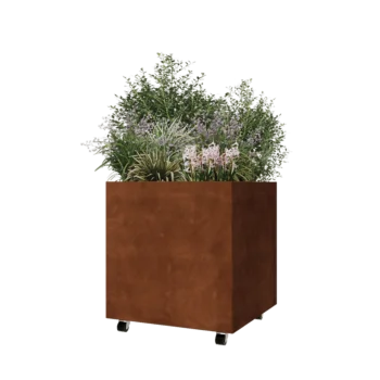 Fioriera in acciaio corten - Quadrato - 70 x 70 x 70 cm - Con piastra di base - Con ruote