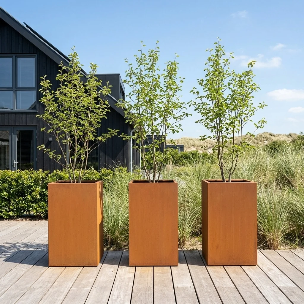 Fioriera in acciaio corten - Quadrato - 50 x 50 x 80 cm - Con piastra di base - Con ruote