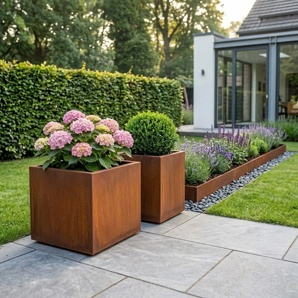 Fioriera in acciaio corten - Quadrato - 60 x 60 x 80 cm - Con piastra di base
