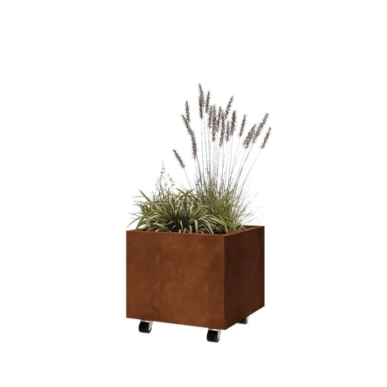 Fioriera in acciaio corten - Quadrato - 50 x 50 x 40 cm - Con piastra di base - Con ruote