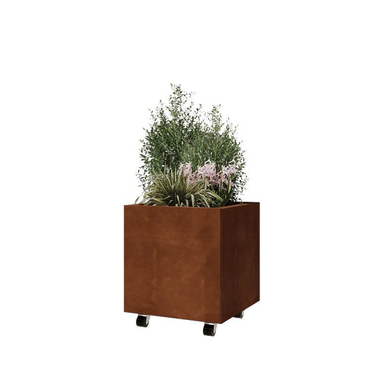Fioriera in acciaio corten - Quadrato - 50 x 50 x 50 cm - Con piastra di base - Con ruote