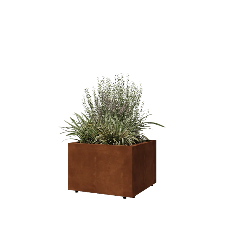 Fioriera in acciaio corten - Quadrato - 60 x 60 x 40 cm - Con piastra di base - Con piedi