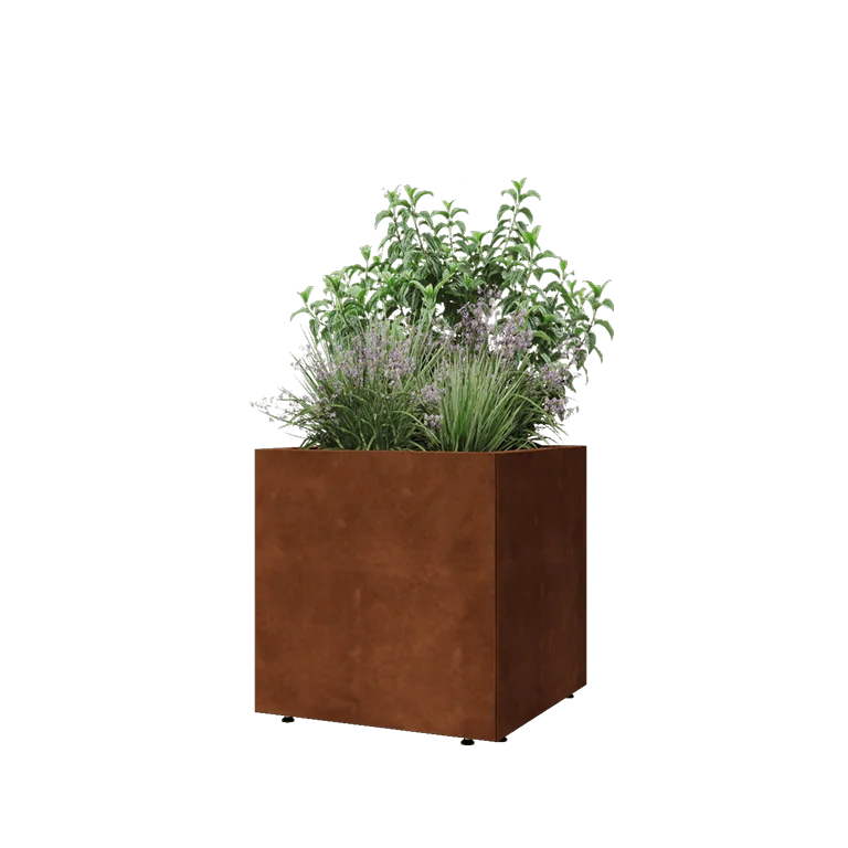 Fioriera in acciaio corten - Quadrato - 60 x 60 x 60 cm - Con piastra di base - Con piedi