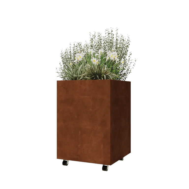 Fioriera in acciaio corten - Quadrato - 60 x 60 x 80 cm - Con piastra di base - Con ruote