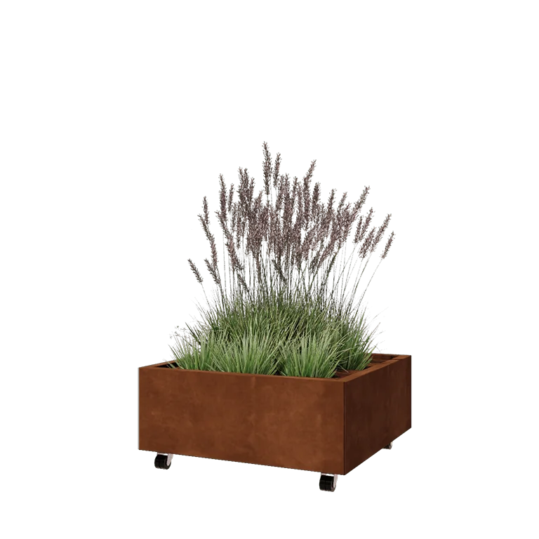 Fioriera in acciaio corten - Quadrato - 80 x 80 x 30 cm - Con piastra di base - Con ruote