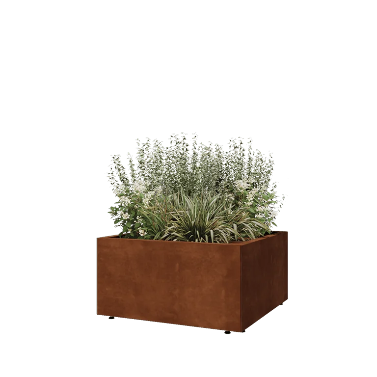 Fioriera in acciaio corten - Quadrato - 80 x 80 x 40 cm - Con piastra di base - Con piedi