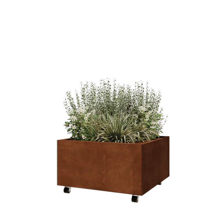 Fioriera in acciaio corten - Quadrato - 80 x 80 x 40 cm - Con piastra di base - Con ruote