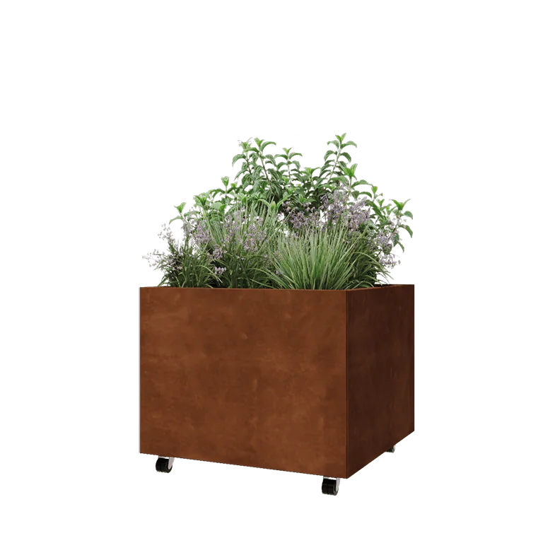 Fioriera in acciaio corten - Quadrato - 80 x 80 x 60 cm - Con piastra di base - Con ruote