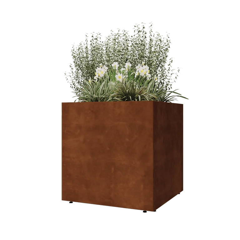 Fioriera in acciaio corten - Quadrato - 80 x 80 x 80 cm - Con piastra di base - Con piedi