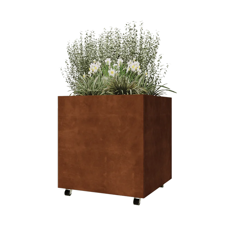Fioriera in acciaio corten - Quadrato - 80 x 80 x 80 cm - Con piastra di base - Con ruote